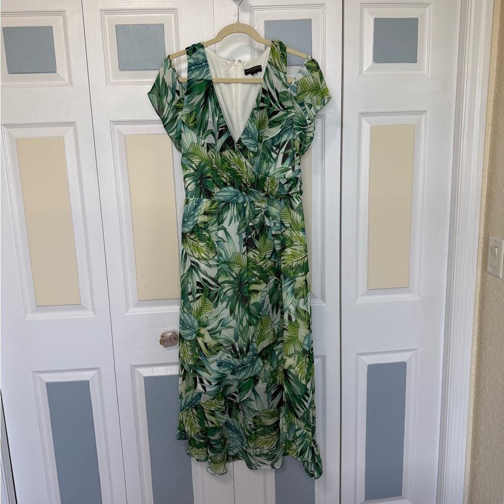 Ignite Evenings Green and Blue Tropical Floral Cold Shoulder High Low‎ Dress